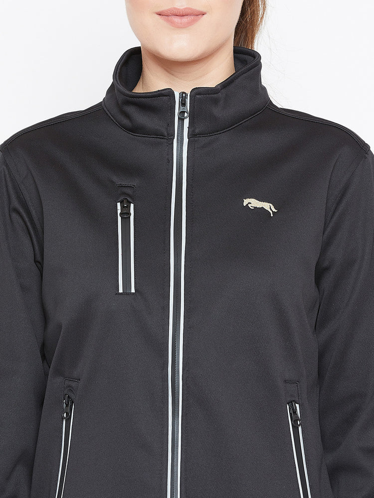 Women Black Solid Sporty Jacket - JUMP USA