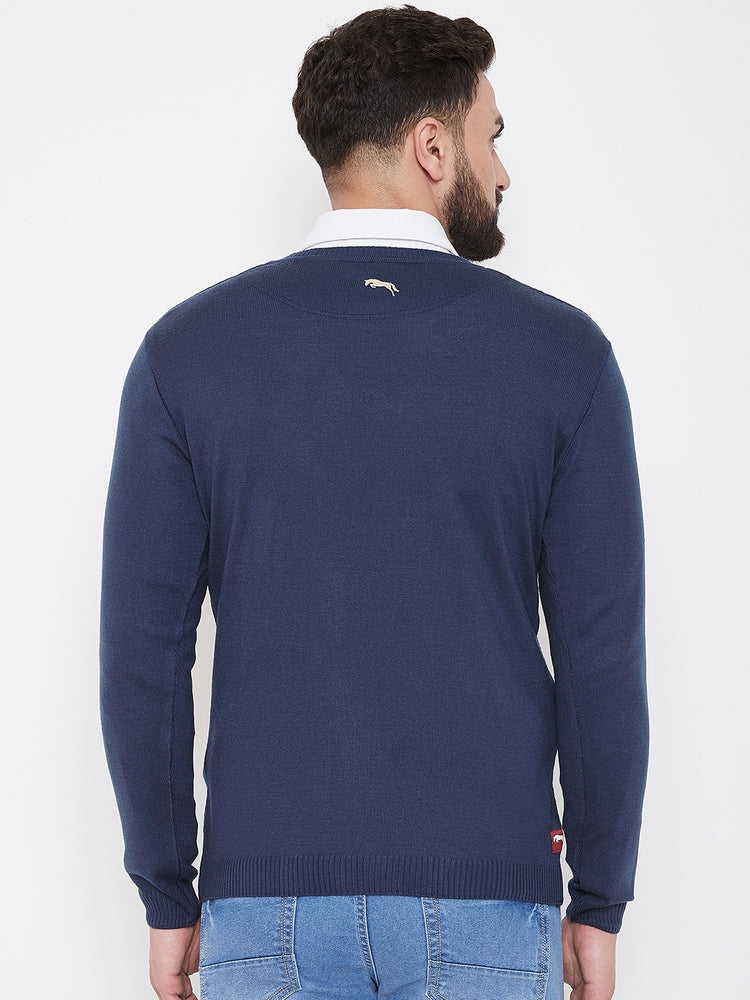 JUMP USA Men Navy Blue Self Design Sweater - JUMP USA