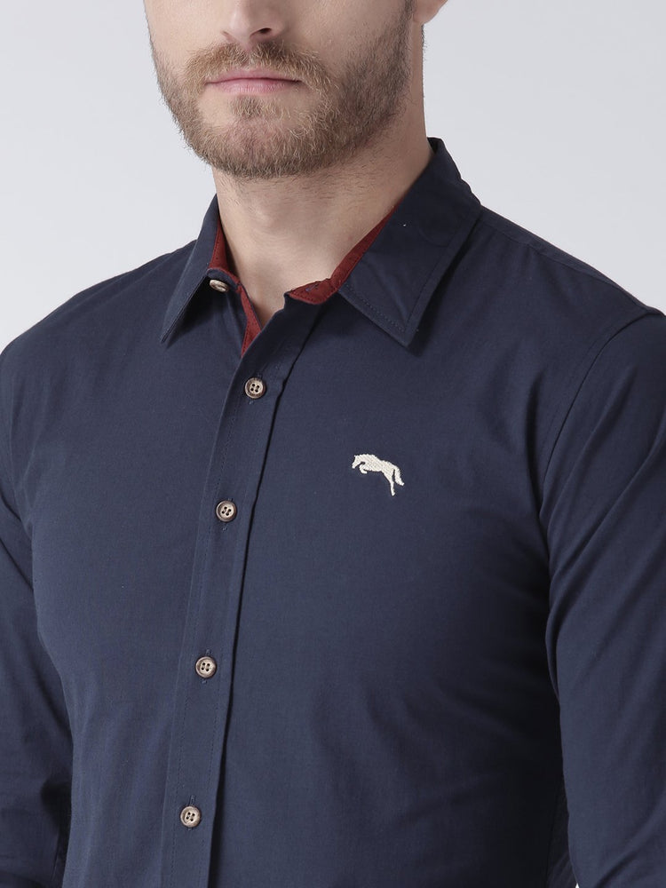 Men Navy Blue Solid Cotton Regular Fit Shirt - JUMP USA