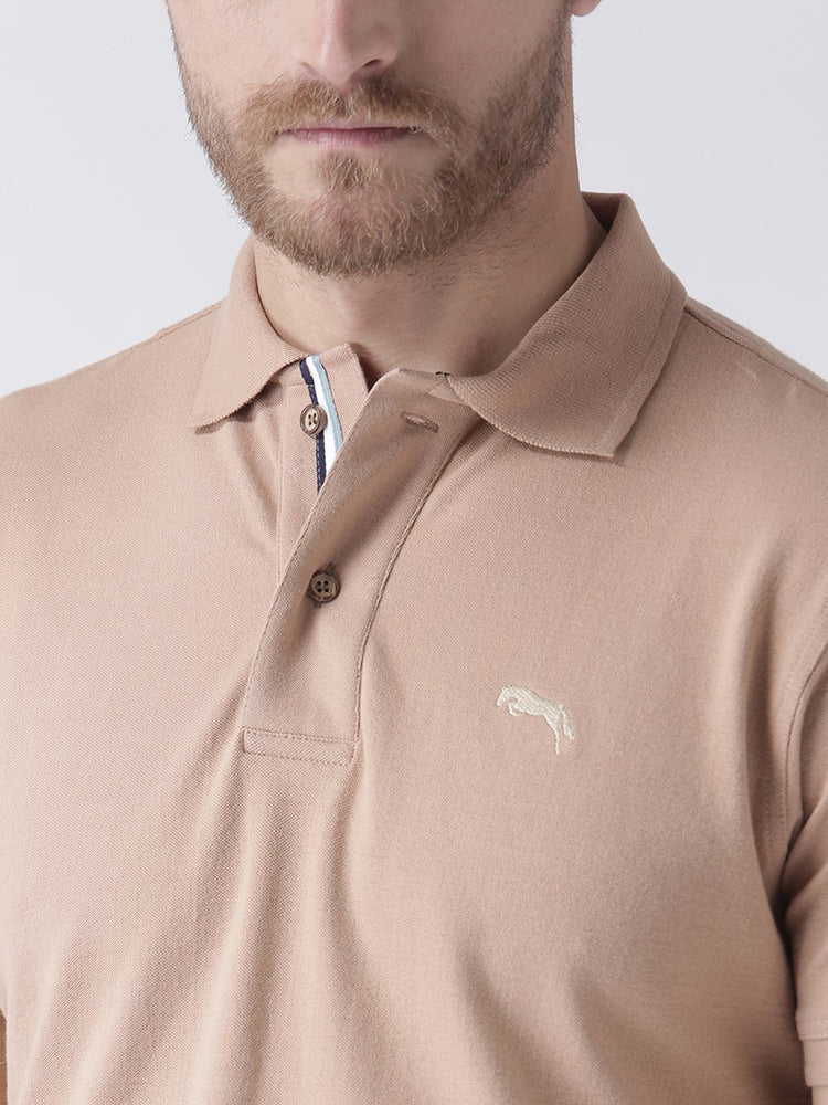 Men Beige Solid Polo Collar T-Shirt - JUMP USA