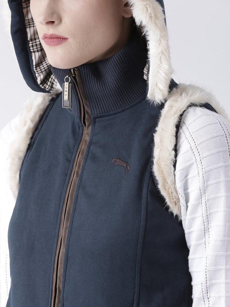 Women Polyster Casual Sleeveless Navy Winter Jacket - JUMP USA (1568776388650)