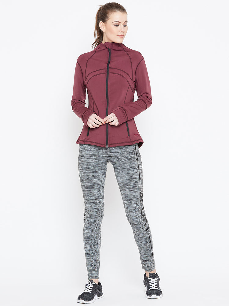 Women Maroon Solid Sporty Jacket - JUMP USA