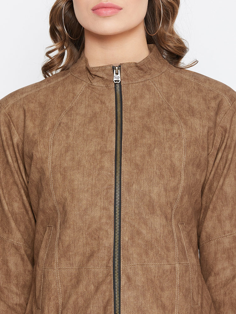 JUMP USA Women Tan Solid Casual Leather Jacket - JUMP USA