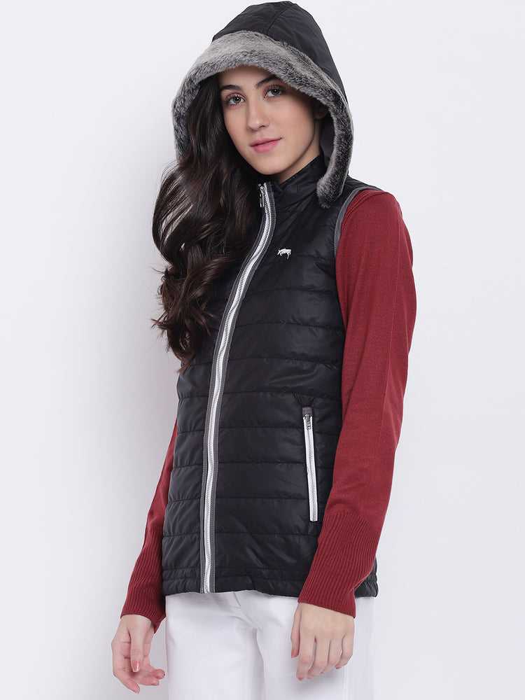 Women Black Casual Quilted Jacket - JUMP USA