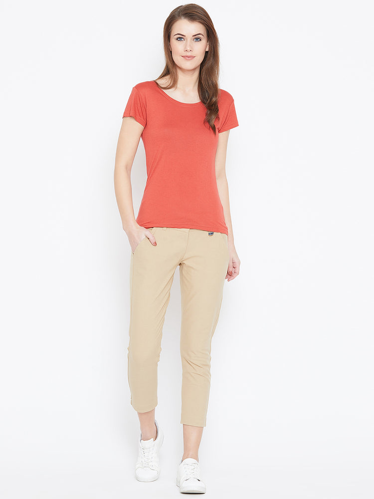 Women Beige Solid Skinny Fit Trousers - JUMP USA