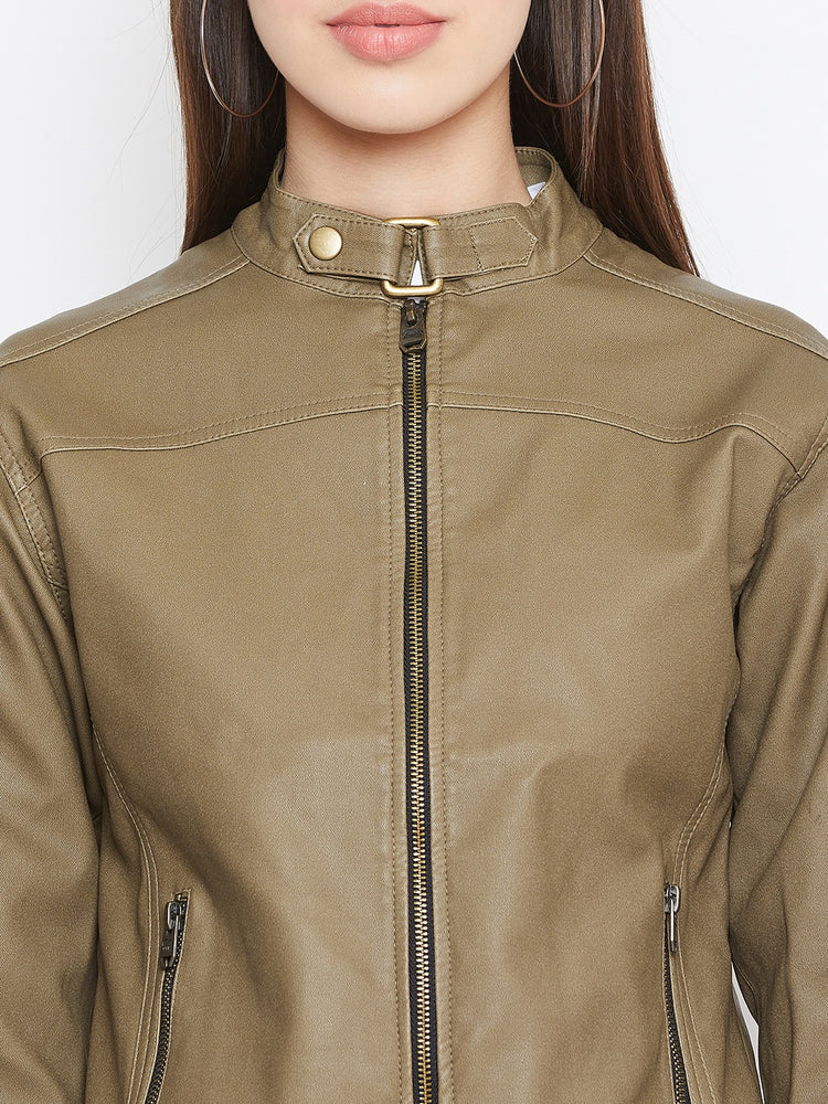 JUMP USA Women Khaki Solid Biker Jacket - JUMP USA