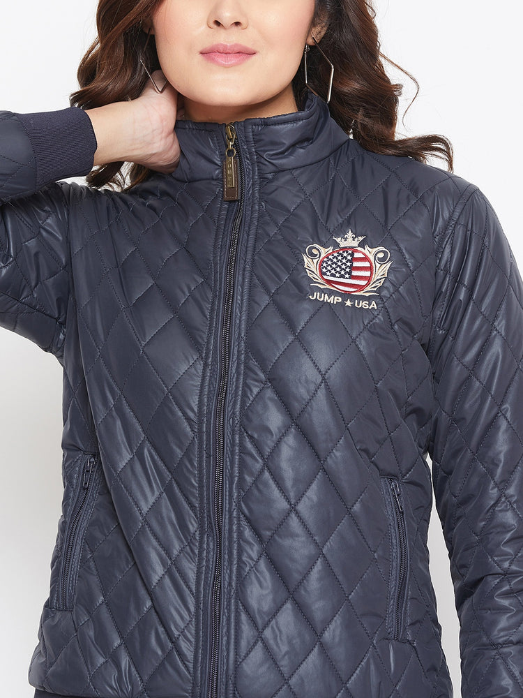 JUMP USA Women Navy Blue Self Design Jacket - JUMP USA
