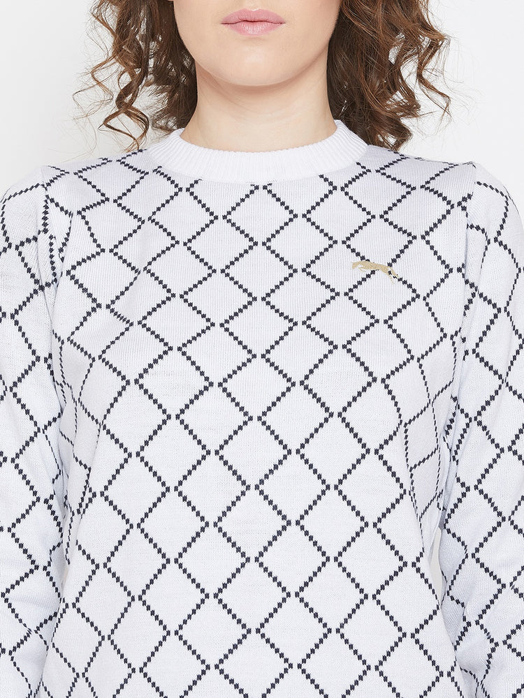 JUMP USA Women White & Navy Blue Acrylic Checked Sweater - JUMP USA