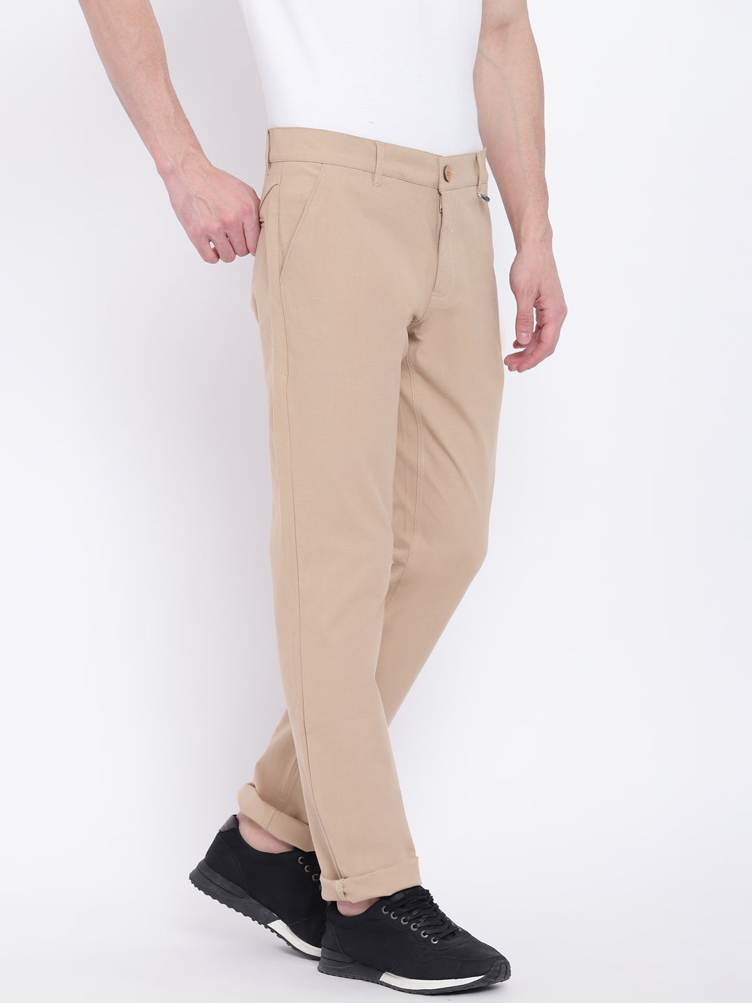 Men Casual Solid Beige Chinos - JUMP USA