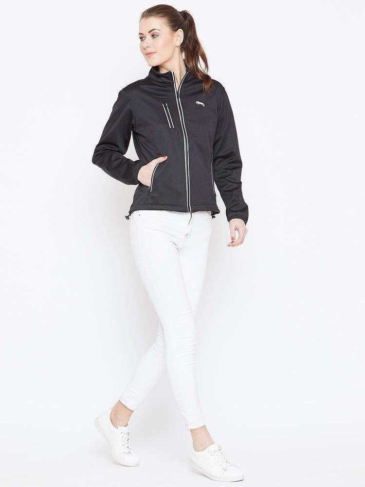 Women Black Solid Sporty Jacket - JUMP USA