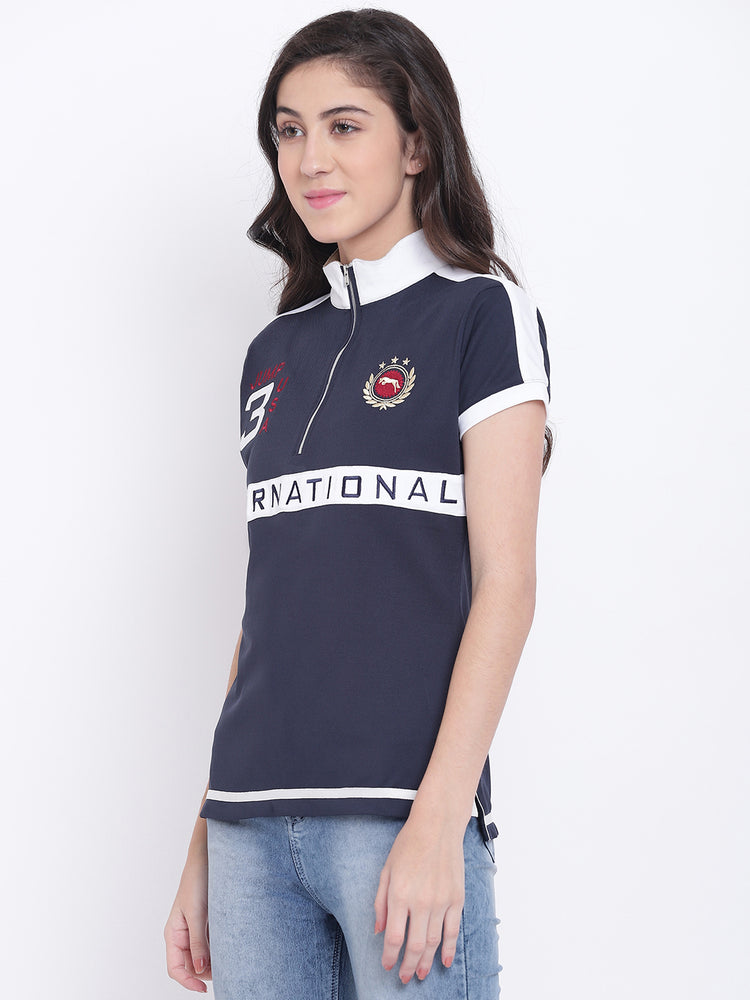 Women Navy Blue Casual Polo Collar T-Shirt - JUMP USA