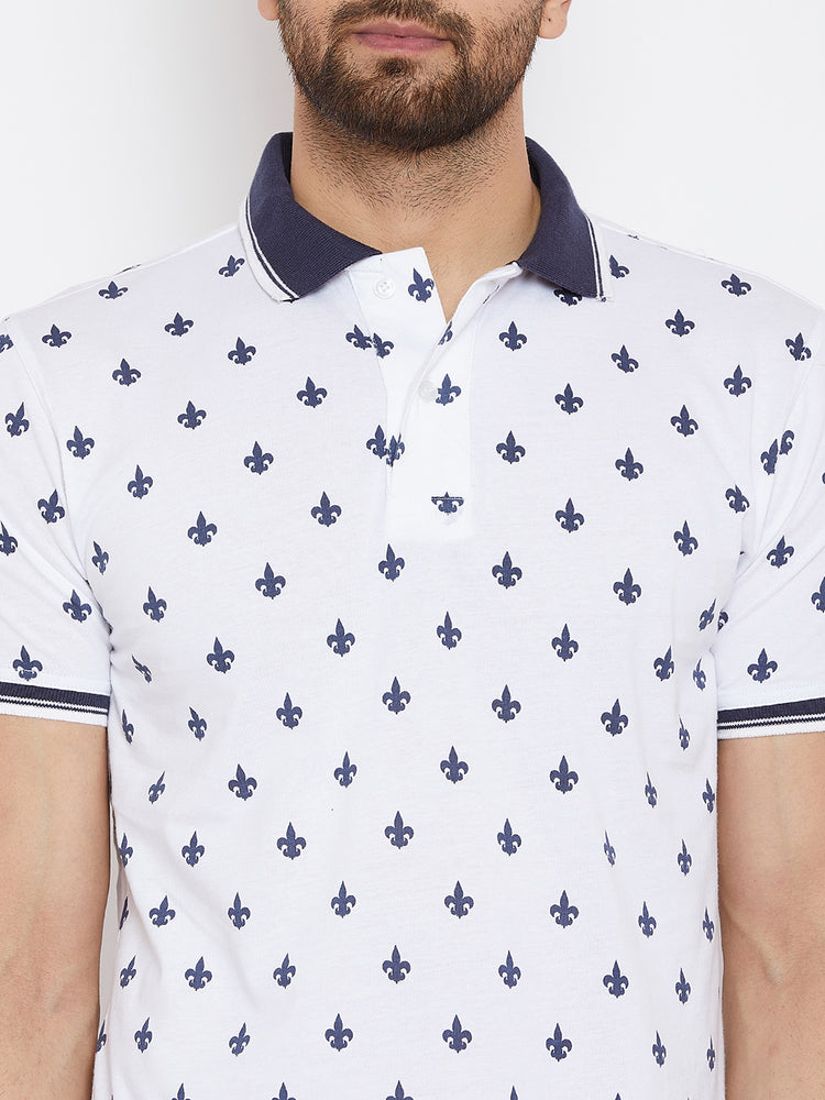 JUMP USA Men White Printed Polo Collar T-Shirt - JUMP USA
