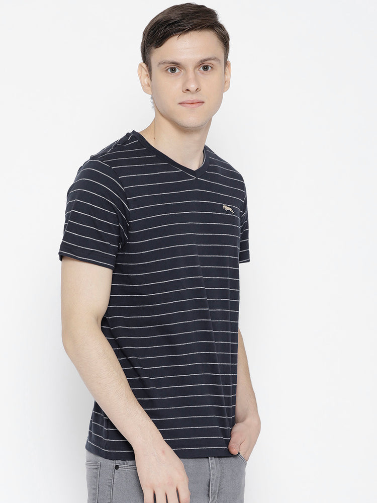 Men Navy Blue Striped V-Neck T-shirt - JUMP USA