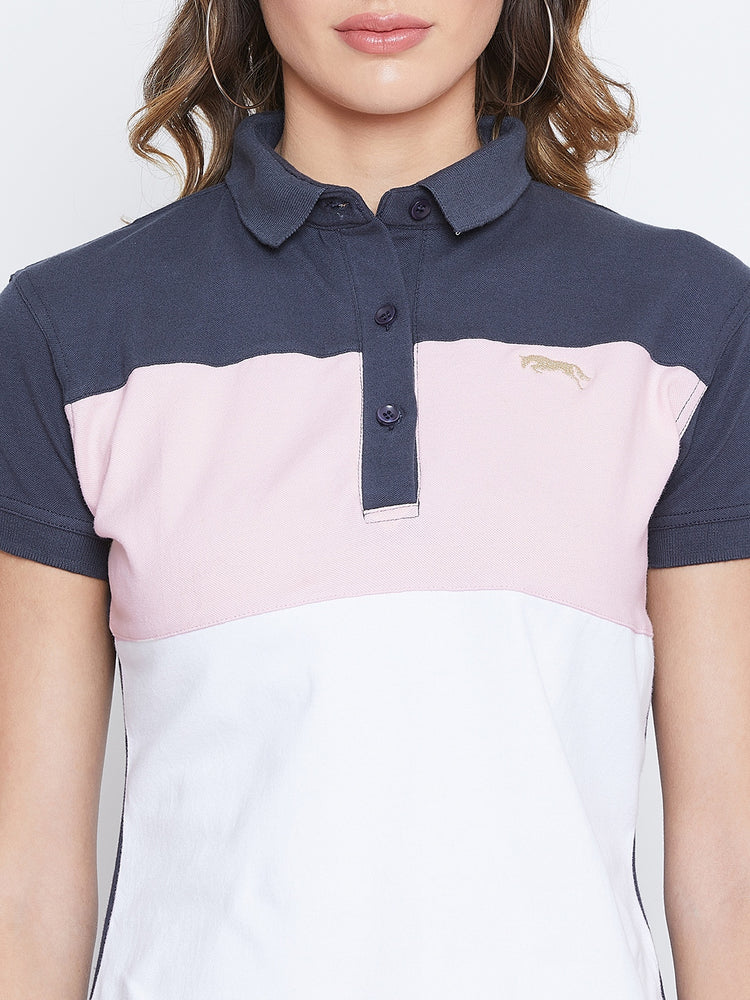 JUMP USA Women Navy Blue And Pink Colour blocked PoloT-Shirts - JUMP USA