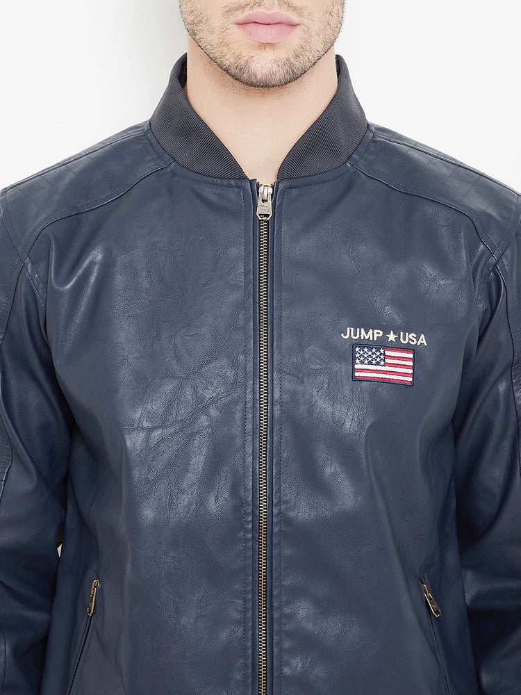 JUMP USA Navy Solid Casual PU Leather Varsity Jacket - JUMP USA
