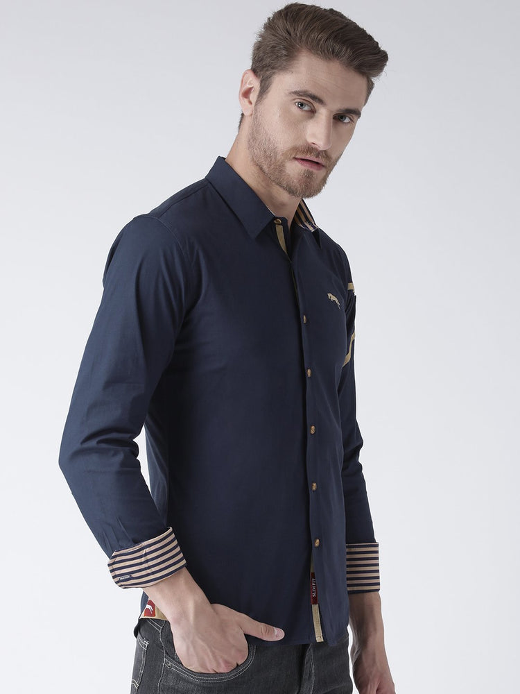 Men Navy Blue Solid Cotton Regular Fit Shirt - JUMP USA