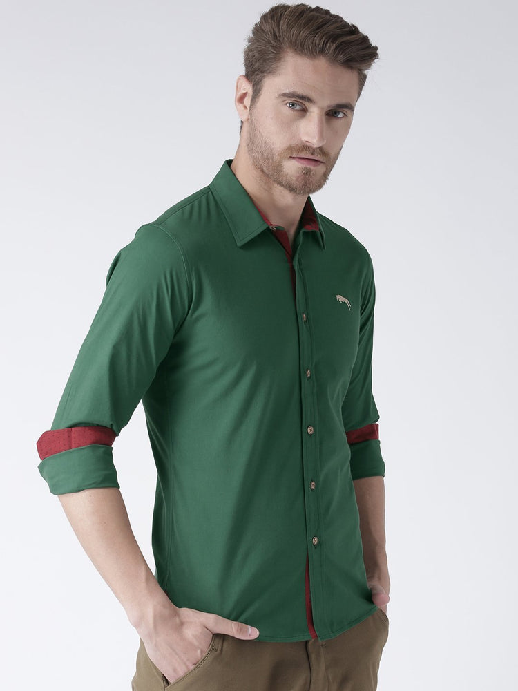 Men Green Solid Cotton Regular Fit Shirt - JUMP USA