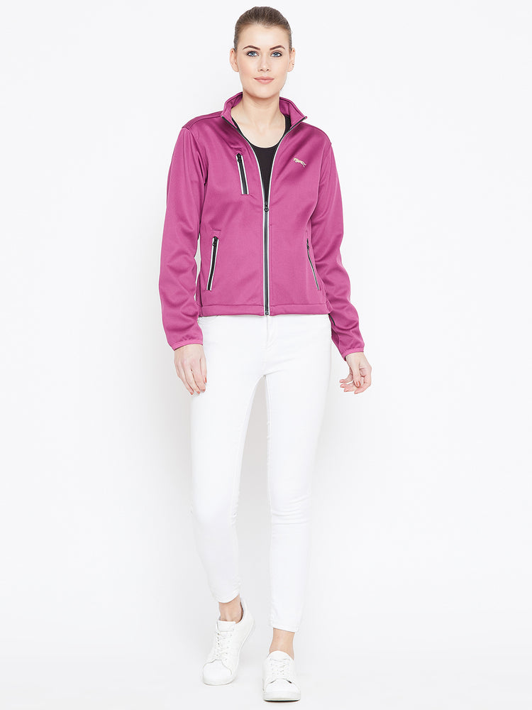 Women Maroon Solid Sporty Jacket - JUMP USA
