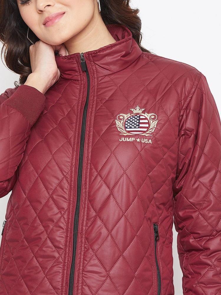 JUMP USA Women Maroon Self Design Jacket - JUMP USA