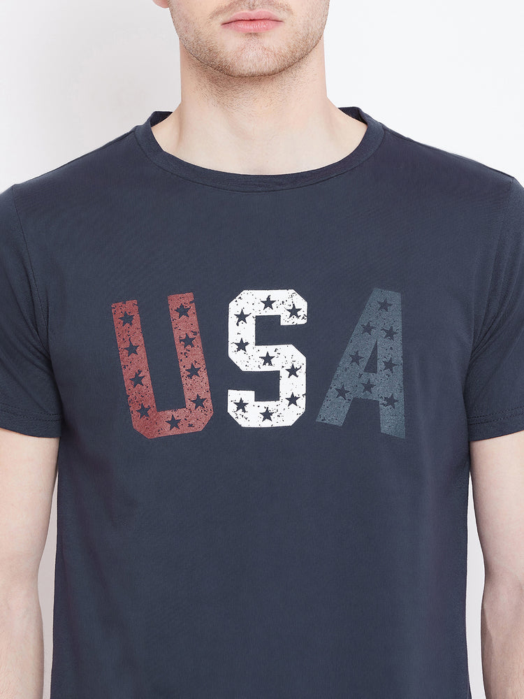 Men Navy Blue Printed Casual T-shirt - JUMP USA