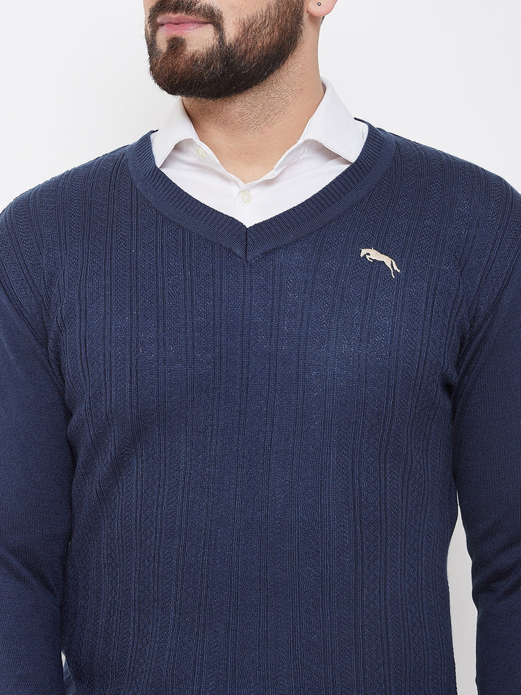 JUMP USA Men Navy Blue Self Design Sweater - JUMP USA