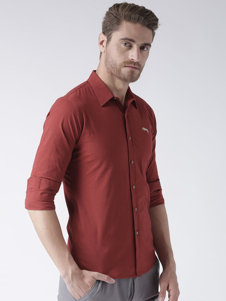 Men Red Solid Cotton Regular Fit Shirt - JUMP USA