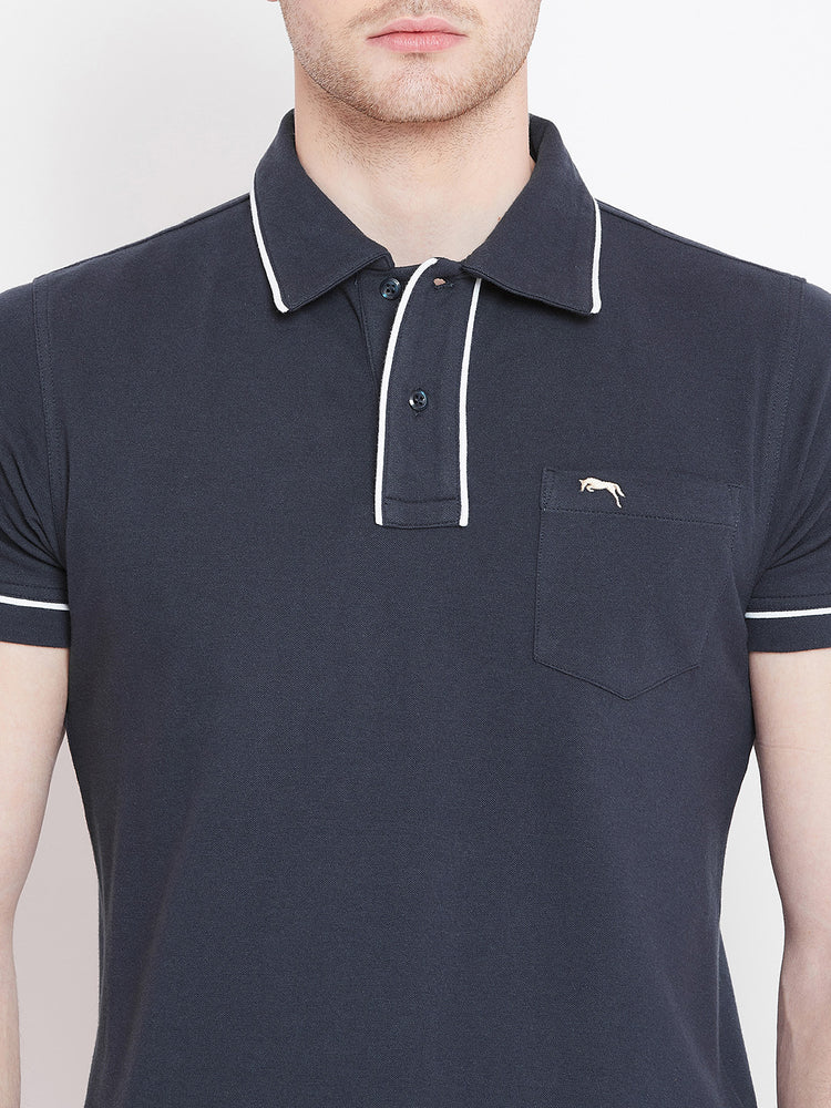 Men Navy Blue Solid Casual Polo T-shirts - JUMP USA