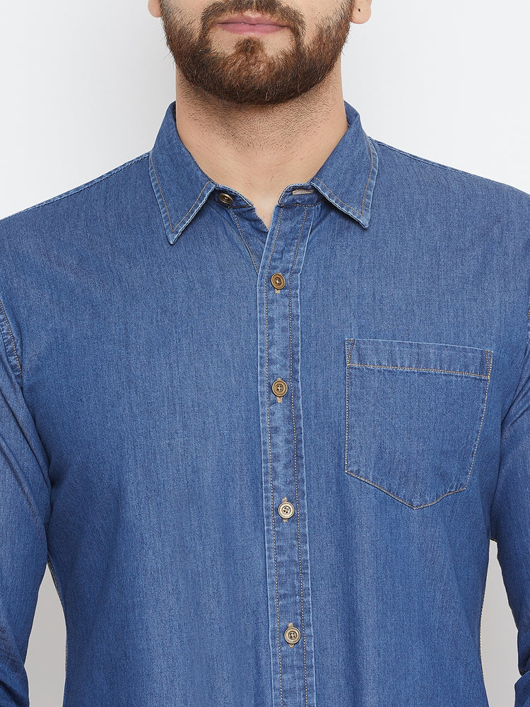Men Dark Blue Washed Slim Fit Casual Shirt - JUMP USA
