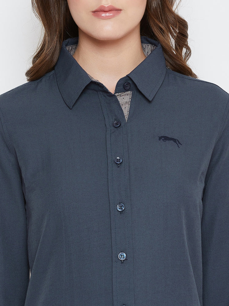 Women Navy Blue Solid Casual Slim Fit Shirt - JUMP USA