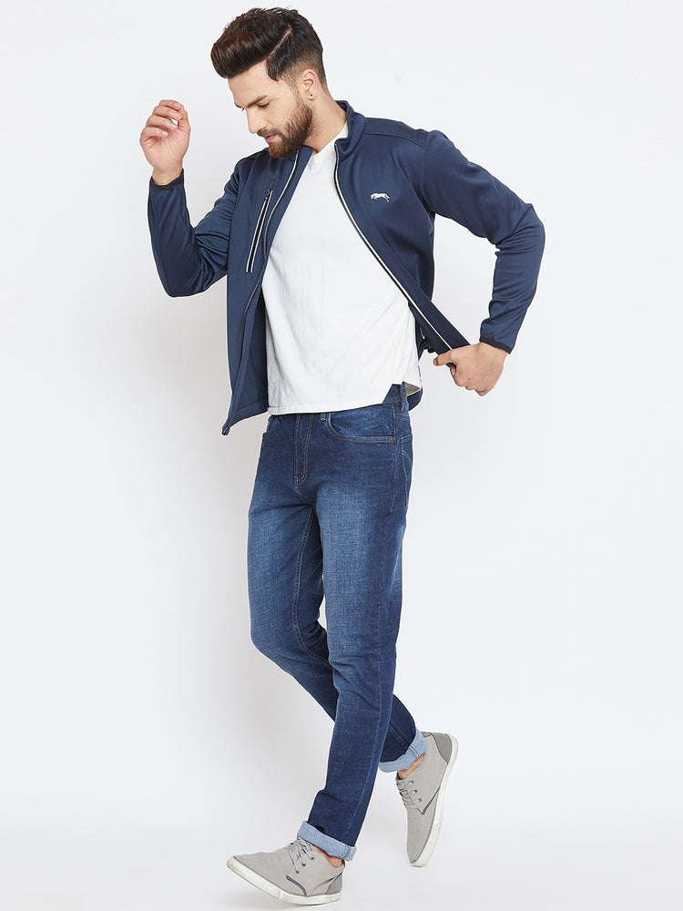 Men Navy Blue Solid Sporty Jacket - JUMP USA