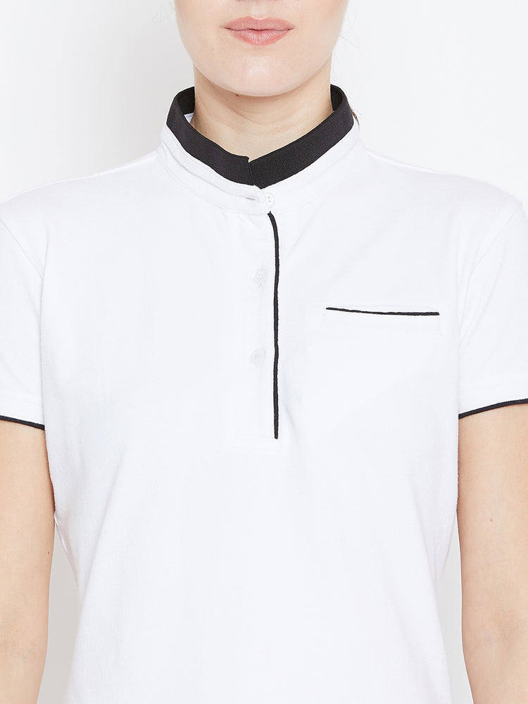 Women White Solid Casual Polo T-shirts - JUMP USA