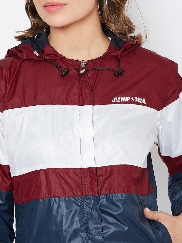 JUMP USA Women Navy Blue Colourblocked Windcheater Jacket - JUMP USA