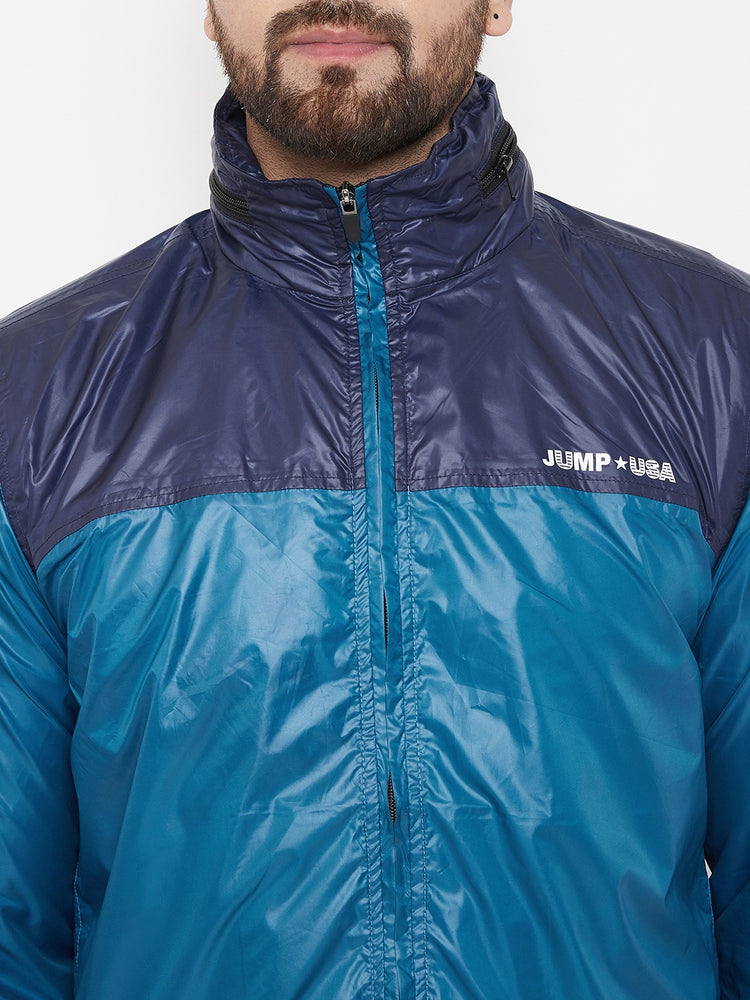 JUMP USA Men Navy Blue Colourblocked Rain Jacket - JUMP USA