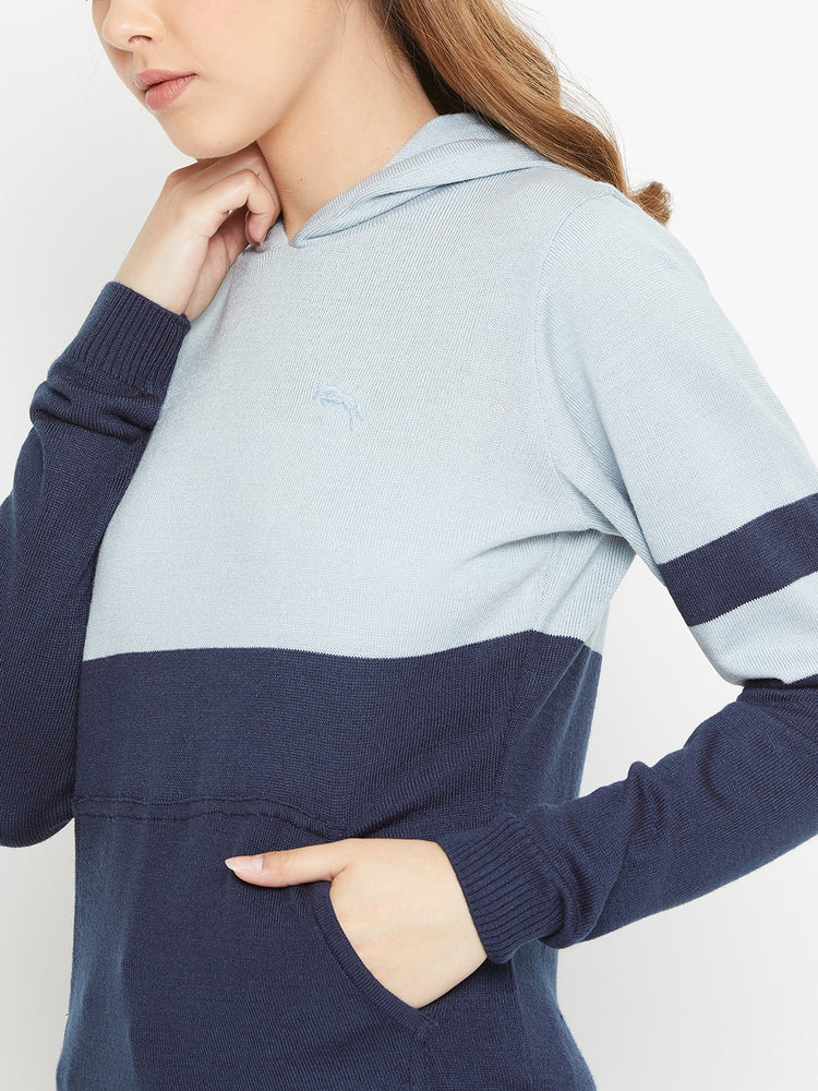 JUMP USA Women Blue Colourblocked Hooded Sweater - JUMP USA