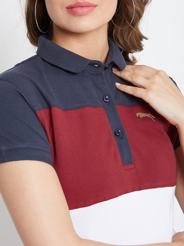 JUMP USA Women Navy Blue And Red Colour blocked PoloT-Shirts - JUMP USA