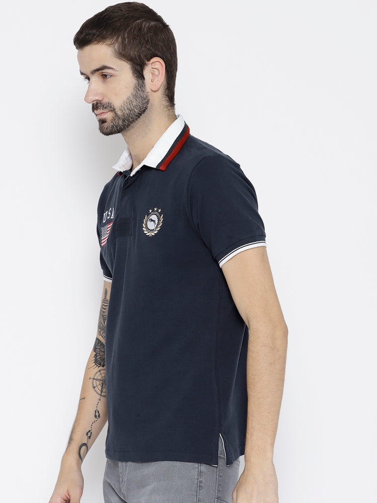 Men Navy Blue Solid Polo Collar T-shirt - JUMP USA
