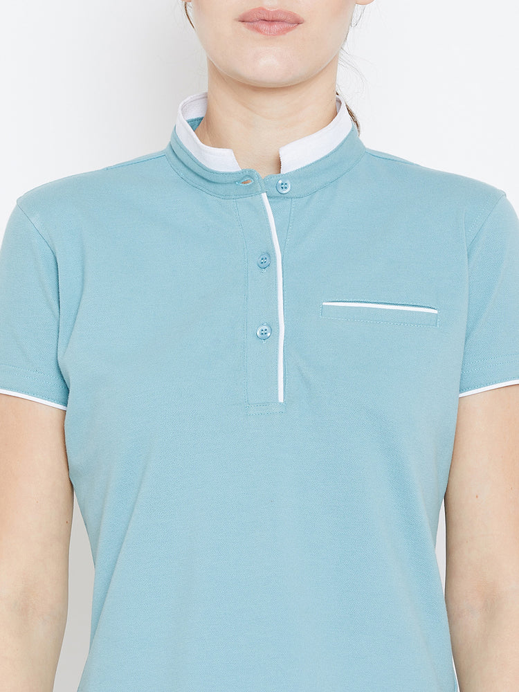 Women Blue Solid Casual Polo T-shirts - JUMP USA
