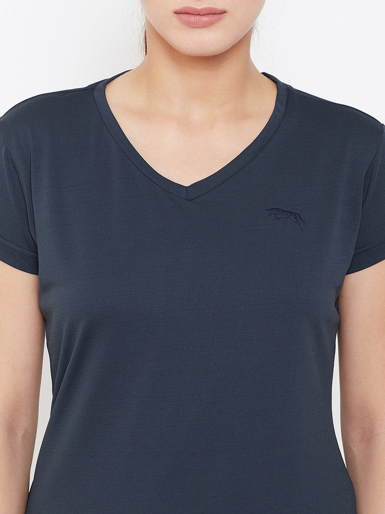 Women Navy Blue Active Wear V-neck T-shirt - JUMP USA