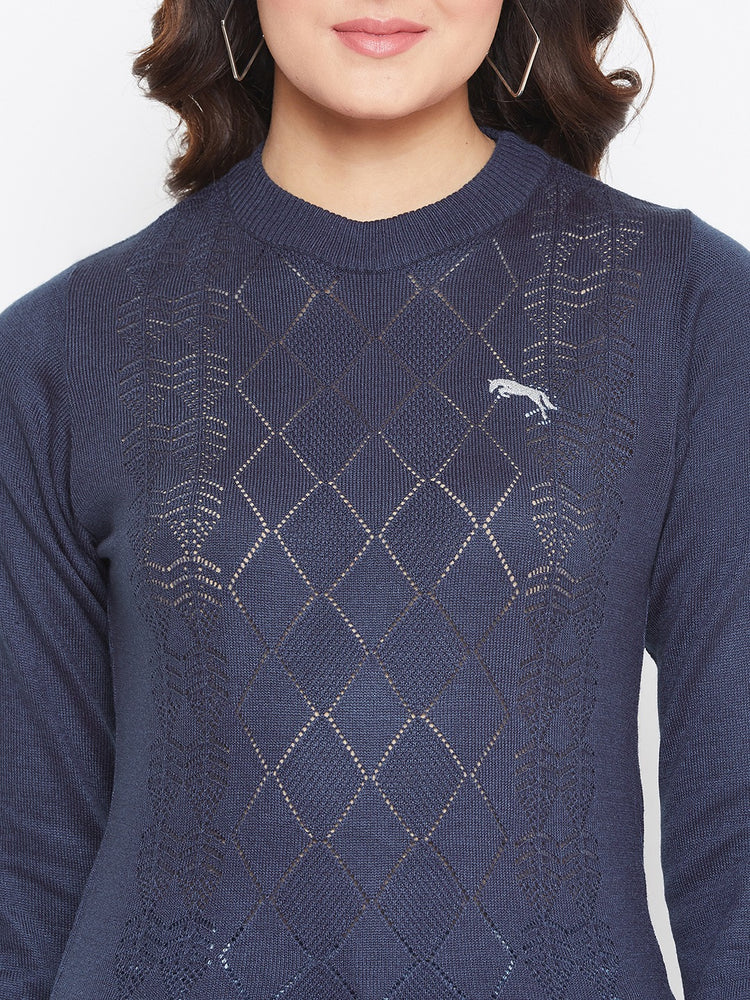 JUMP USA Women Navy Blue Self Design Sweater - JUMP USA