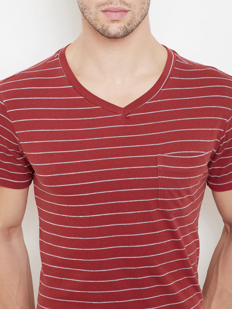 JUMP USA Men Red Striped V-neck T-shirt - JUMP USA