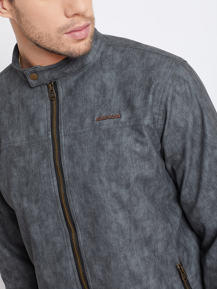 JUMP USA Men Grey Solid Casual Leather Jacket - JUMP USA