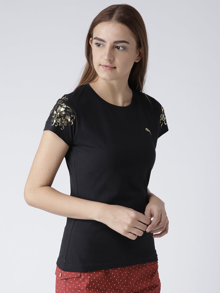 Women Solid Black T-Shirt - JUMP USA