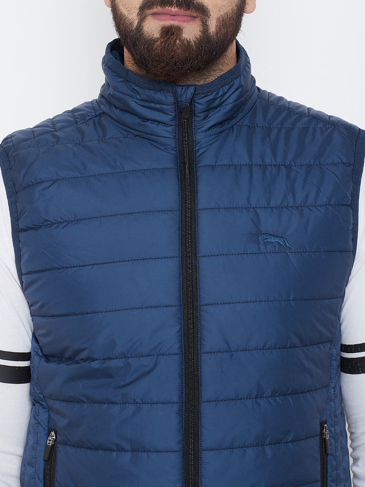 JUMP USA Men Blue Sleevless Solid Bomber Jacket - JUMP USA
