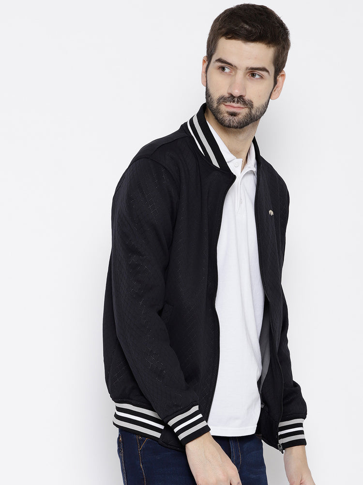 Men Navy Blue self Design Jacket - JUMP USA