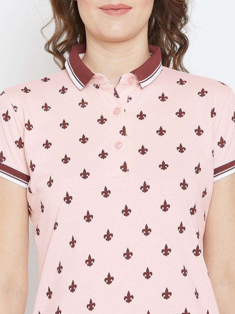 JUMP USA Women Pink Printed Polo Collar T-Shirt - JUMP USA
