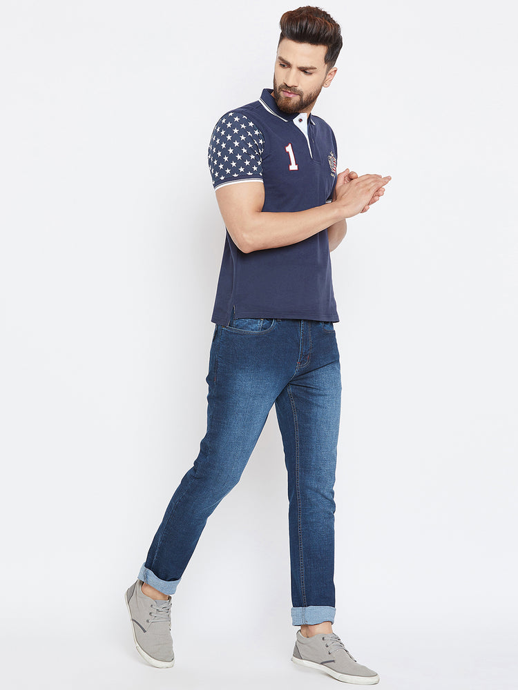 Men Navy Blue Casual Polo Collar T-shirt - JUMP USA