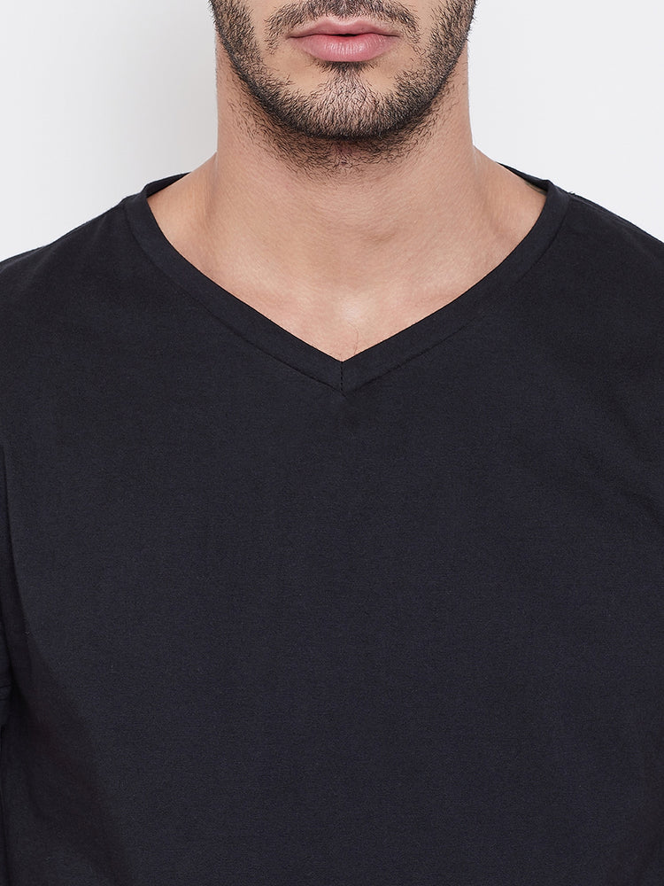 Men Black Solid V Neck T-shirt - JUMP USA