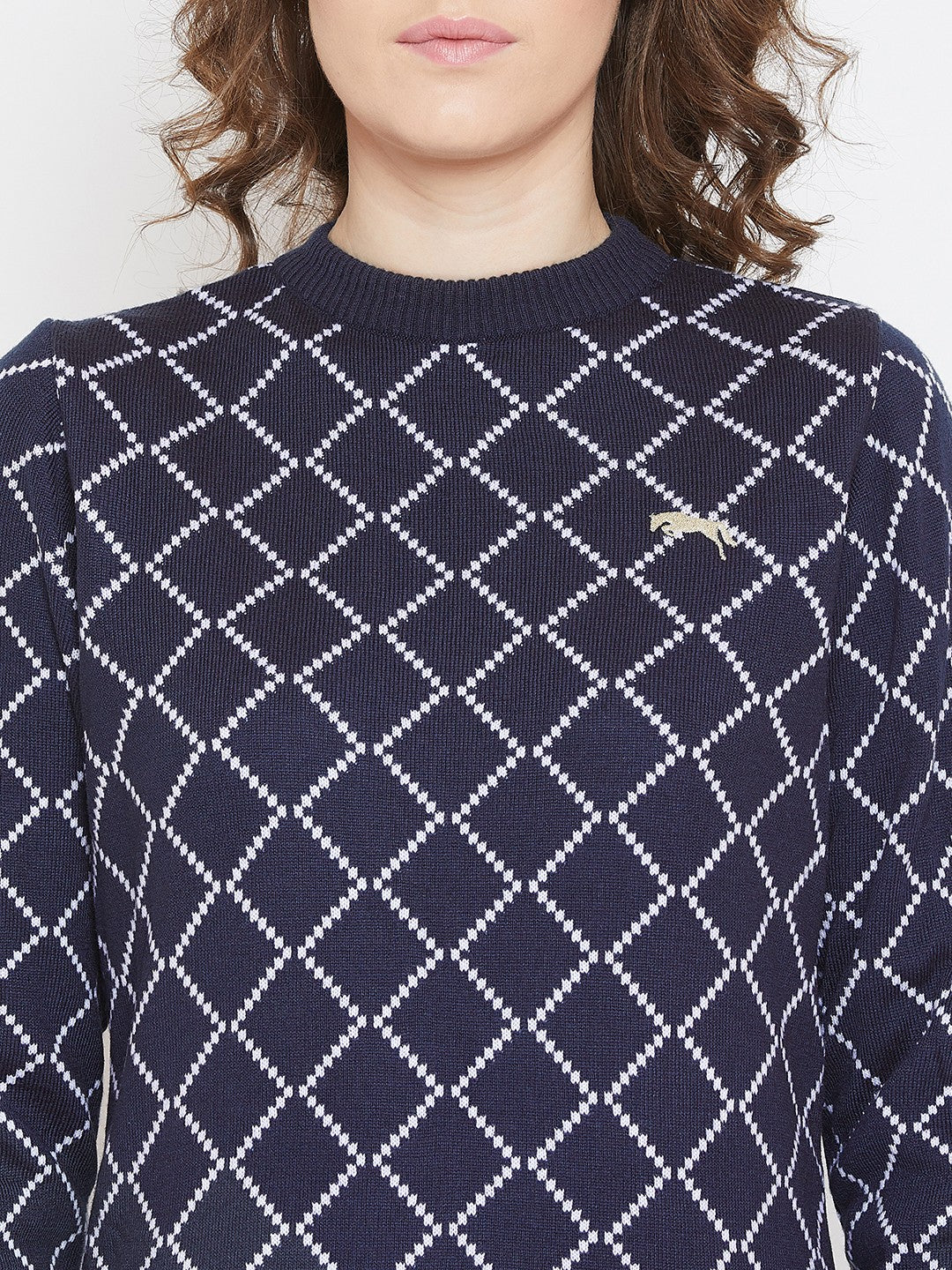 JUMP USA Women Navy Blue & White Acrylic Checked Sweater - JUMP USA