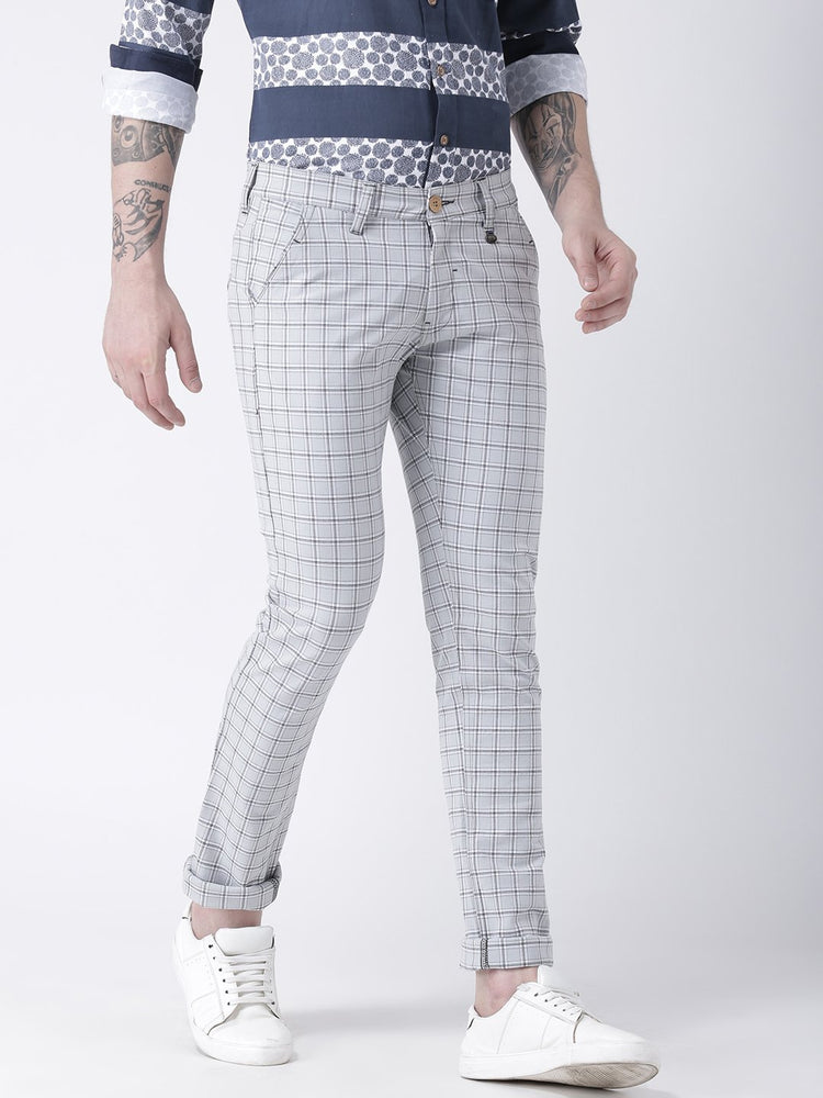 Men Off White Slim Fit Checked Chinos - JUMP USA