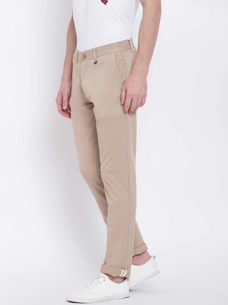 Men Casual Solid Tan Chinos - JUMP USA